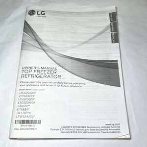 Used Owner's Manual for LG Top Freezer Refrigerator LTCS20220 GT66BP LTNS LTWS